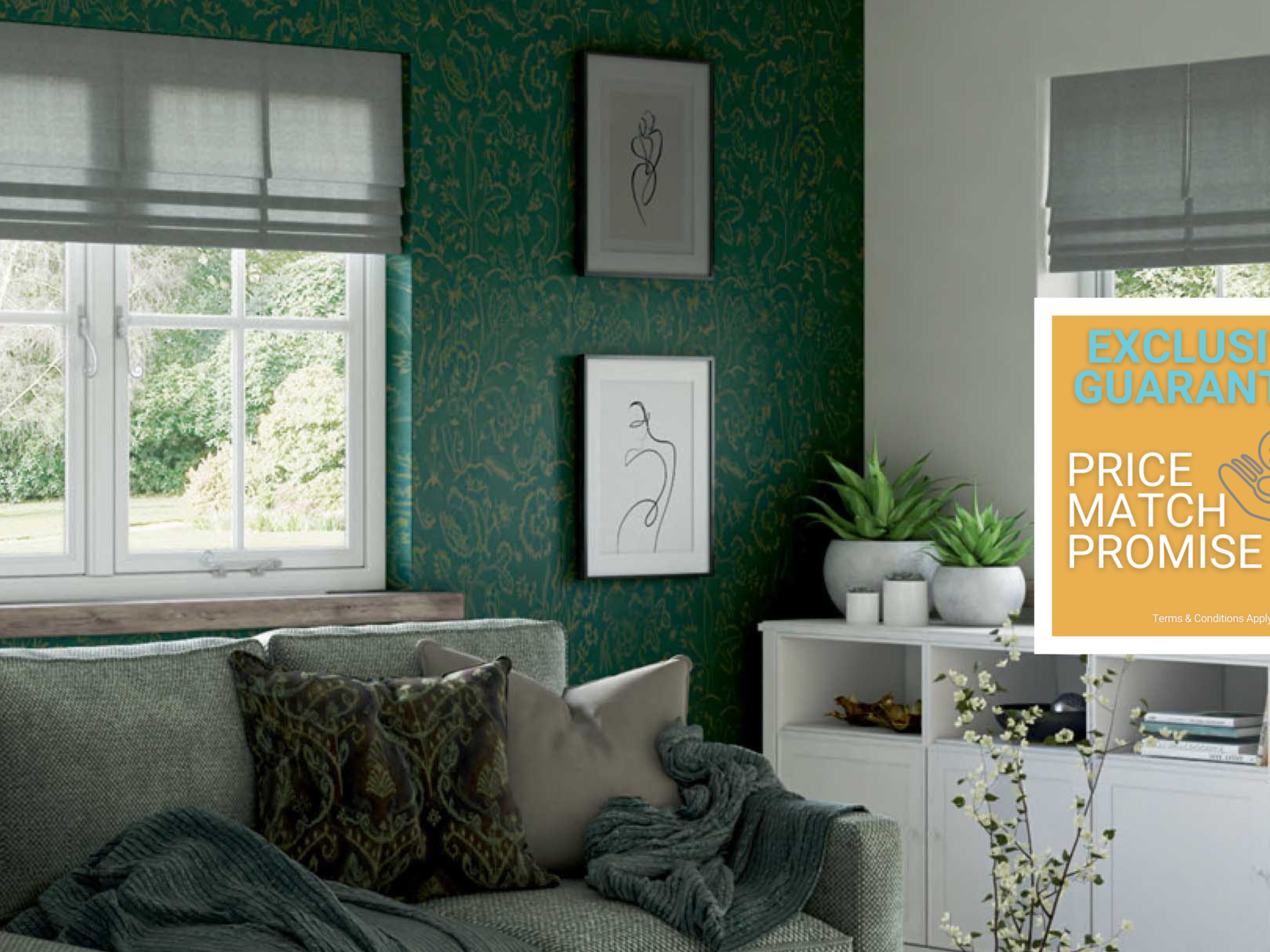 lifestyle image of living room showcasing casement windows with promotional graphic | exclusive guarantee | price match promise - Exclusive Glazing